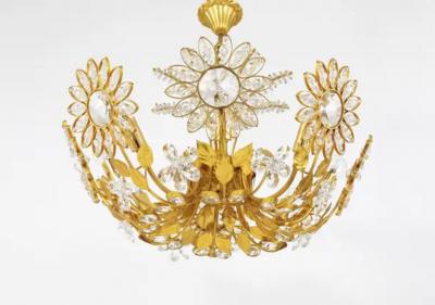 Palwa Ernst Palme Palwa Flower Palm Tree Chandelier Gilt Brass Crystals 1970s