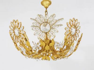 Palwa Ernst Palme Palwa Flower Palm Tree Chandelier Gilt Brass Crystals 1970s