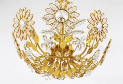 Palwa Ernst Palme Palwa Flower Palm Tree Chandelier Gilt Brass Crystals 1970s
