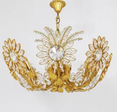 Palwa Ernst Palme Palwa Flower Palm Tree Chandelier Gilt Brass Crystals 1970s