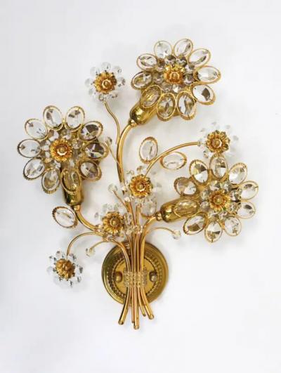  Palwa Ernst Palme Palwa Gilt Brass Crystal Flower Wall Light Sconce Germany 1970s