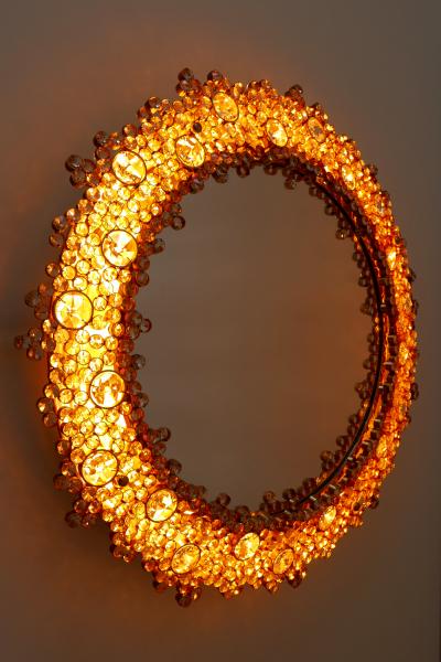  Palwa Gorgeous Gilt Brass Crystal Glass Backlit Wall Mirror by Palwa Germany 1970s