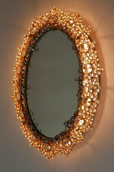  Palwa Gorgeous Gilt Brass Crystal Glass Backlit Wall Mirror by Palwa Germany 1970s