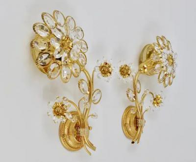  Palwa Pair of Ernst Palme Gilt Brass Crystal Flower Wall Lights Palwa Germany 1970s