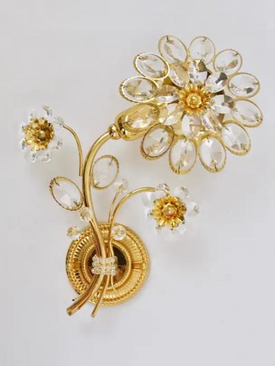  Palwa Pair of Ernst Palme Gilt Brass Crystal Flower Wall Lights Palwa Germany 1970s