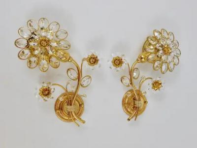  Palwa Pair of Ernst Palme Gilt Brass Crystal Flower Wall Lights Palwa Germany 1970s