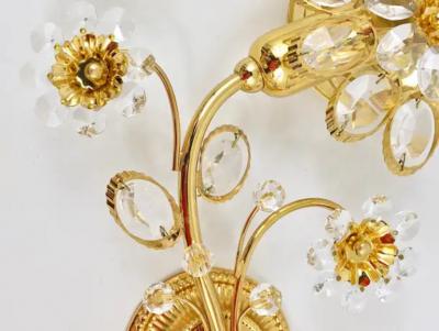  Palwa Pair of Ernst Palme Gilt Brass Crystal Flower Wall Lights Palwa Germany 1970s