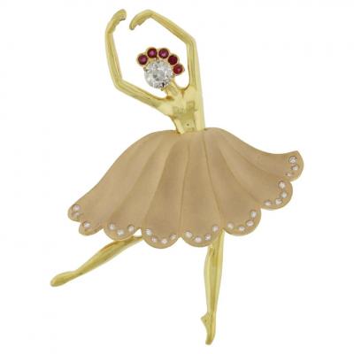  Pampillonia DIAMOND AND RUBY BALLERINA BROOCH BY PAMPILLONIA JEWELERS