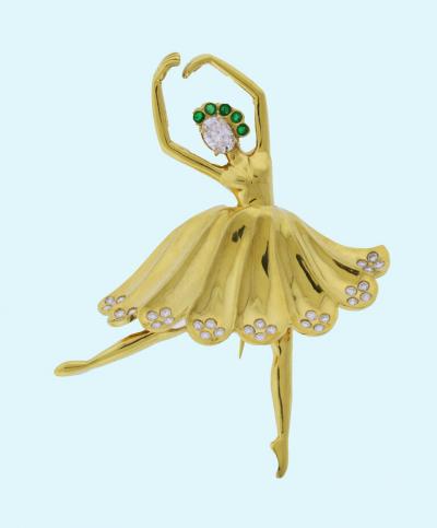  Pampillonia EMERALD AND DIAMOND BALLERINA BROOCH BY PAMPILLONIA JEWELERS