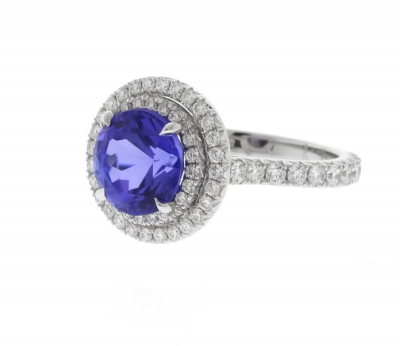 Pampillonia Platinum Tanzanite and Double Diamond Halo Ring by Pampillonia