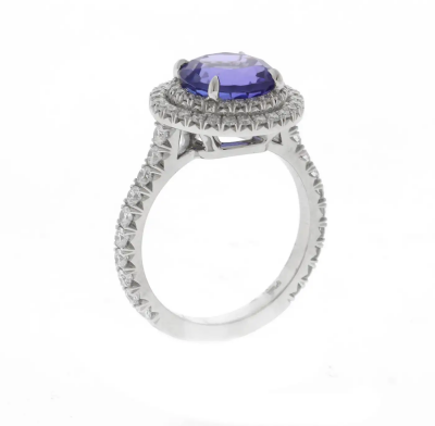 Pampillonia Platinum Tanzanite and Double Diamond Halo Ring by Pampillonia