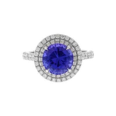  Pampillonia Platinum Tanzanite and Double Diamond Halo Ring by Pampillonia