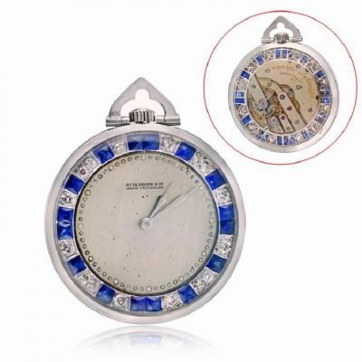  Patek Philippe Co PATEK PHILIPPE PLATINUM OPEN FACE POCKET DIAMONDS SAPPHIRE WATCH