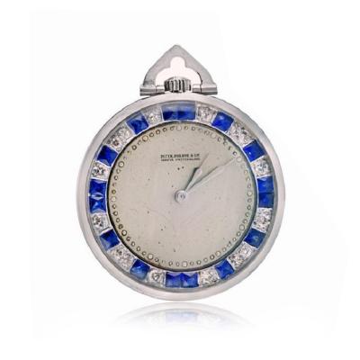  Patek Philippe Co PATEK PHILIPPE PLATINUM OPEN FACE POCKET DIAMONDS SAPPHIRE WATCH