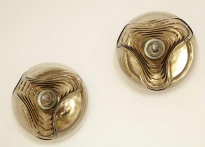  Peill Putzler Pair of Mid Century Smoked Glass Wave Sconces Flush Mounts By Peill Putzler