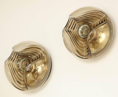  Peill Putzler Pair of Mid Century Smoked Glass Wave Sconces Flush Mounts By Peill Putzler