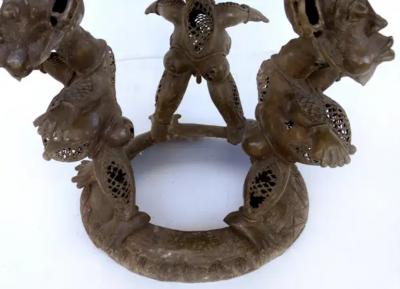  People from Benin Benin Nigeria Bronze Figural Offering Depicting Leopards and Tribesmen