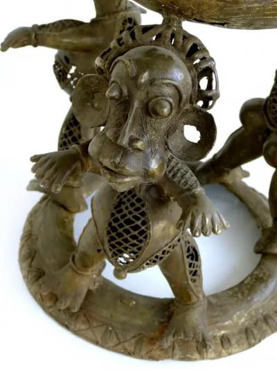  People from Benin Benin Nigeria Bronze Figural Offering Depicting Leopards and Tribesmen