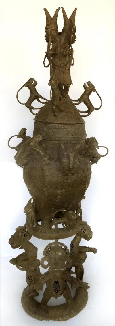  People from Benin Benin Nigeria Bronze Figural Offering Depicting Leopards and Tribesmen