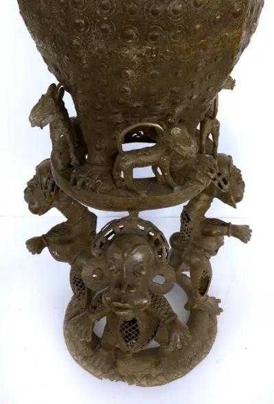  People from Benin Benin Nigeria Bronze Figural Offering Depicting Leopards and Tribesmen