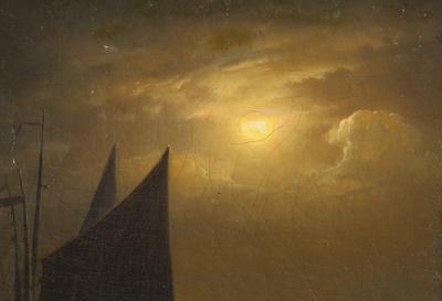  Petrus van Schendel Untitled Sailboat Docks Night 