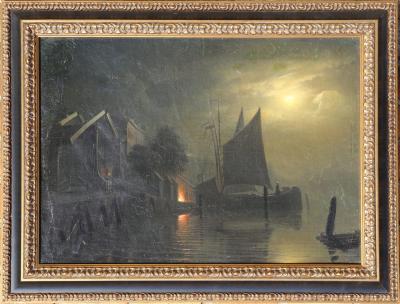  Petrus van Schendel Untitled Sailboat Docks Night 