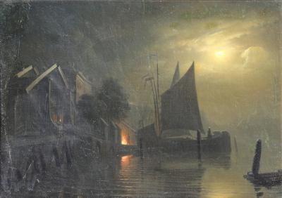  Petrus van Schendel Untitled Sailboat Docks Night 