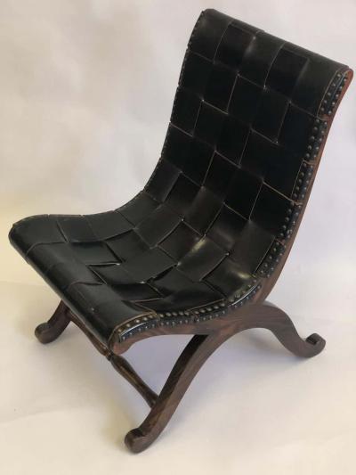  Pierre Lottier French Modern Neoclassical Leather Strap Chair and Ottoman Attr Pierre Lottier