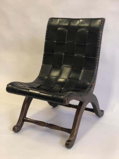  Pierre Lottier French Modern Neoclassical Leather Strap Chair and Ottoman Attr Pierre Lottier