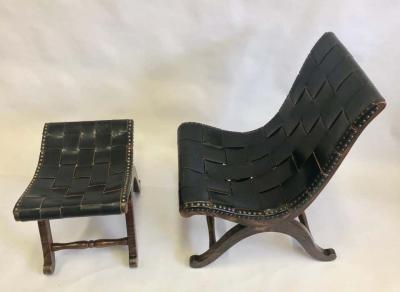  Pierre Lottier French Modern Neoclassical Leather Strap Chair and Ottoman Attr Pierre Lottier