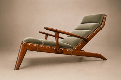 Pierre Weckx Brazilian Modern Chaise Lounge in Cavi na Wood Olive Mohair Pierre Weckx