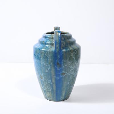  Pierrefonds Art Deco Skyscraper Style Speckled Organic Blue Ceramic Vase signed Pierrefonds