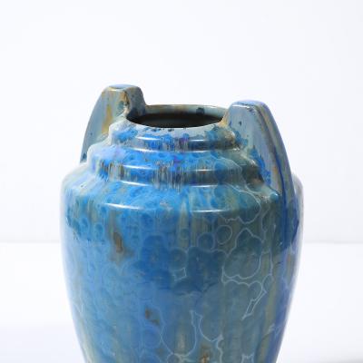  Pierrefonds Art Deco Skyscraper Style Speckled Organic Blue Ceramic Vase signed Pierrefonds