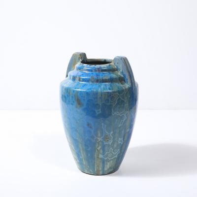 Pierrefonds Art Deco Skyscraper Style Speckled Organic Blue Ceramic Vase signed Pierrefonds
