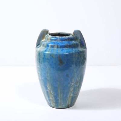  Pierrefonds Art Deco Skyscraper Style Speckled Organic Blue Ceramic Vase signed Pierrefonds