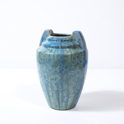  Pierrefonds Art Deco Skyscraper Style Speckled Organic Blue Ceramic Vase signed Pierrefonds