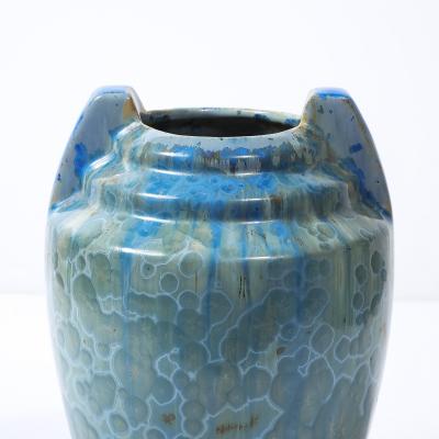  Pierrefonds Art Deco Skyscraper Style Speckled Organic Blue Ceramic Vase signed Pierrefonds