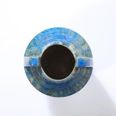  Pierrefonds Art Deco Skyscraper Style Speckled Organic Blue Ceramic Vase signed Pierrefonds