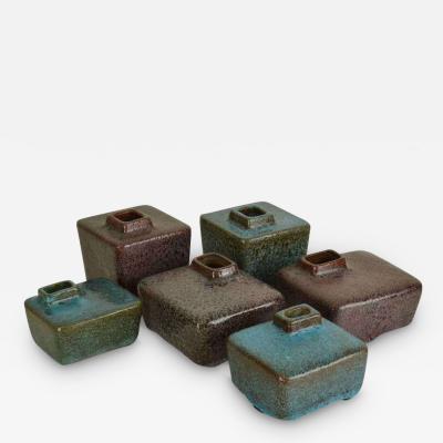  Pieter Groeneveldt Set of Six Block Vases in Purple and Turquoise Ceramic by Groeneveldt