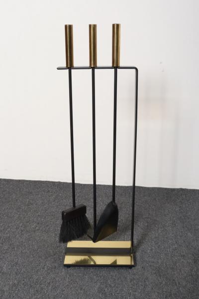  Pilgrim Manufacturing Vintage Modernist Iron and Brass Fireplace Tool Set with Brush Shovel and Poker