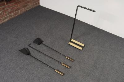  Pilgrim Manufacturing Vintage Modernist Iron and Brass Fireplace Tool Set with Brush Shovel and Poker
