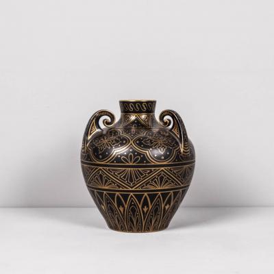  Pinon Heuze 3 handled ceramic decorative vessel in matt black gold