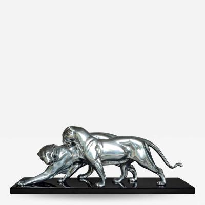  Plagnet Art Deco Sculpture Pair of Panthers Signed Plagnet Cast Zinc France ca 1930