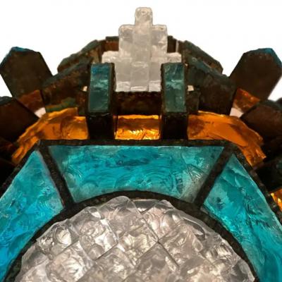  Poliarte Extraordinary Poliarte Hammered Glass Iron Ceiling Fixture 1970s