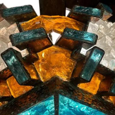  Poliarte Extraordinary Poliarte Hammered Glass Iron Ceiling Fixture 1970s