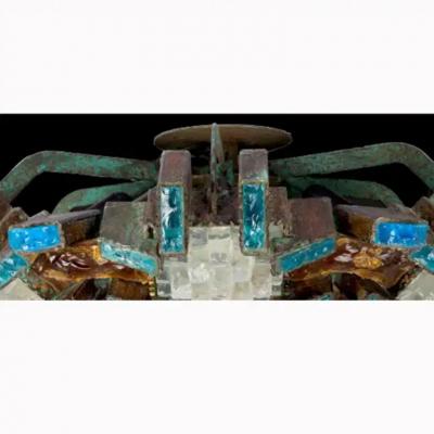  Poliarte Extraordinary Poliarte Hammered Glass Iron Ceiling Fixture 1970s