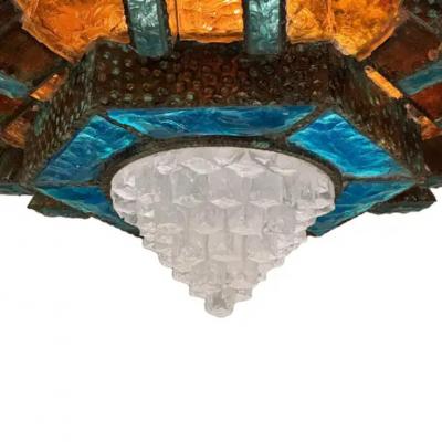  Poliarte Extraordinary Poliarte Hammered Glass Iron Ceiling Fixture 1970s