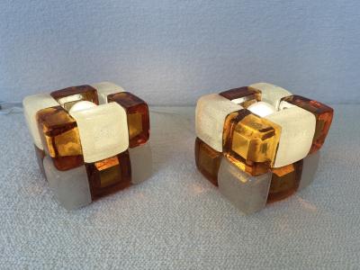  Poliarte Pair of Amber Glass Cube Lamps Italy 1970s