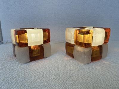  Poliarte Pair of Amber Glass Cube Lamps Italy 1970s