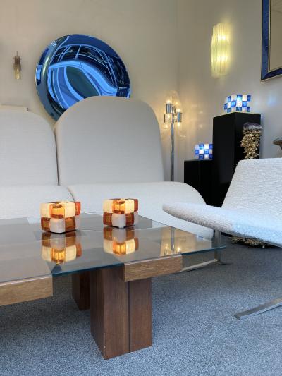  Poliarte Pair of Amber Glass Cube Lamps Italy 1970s